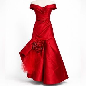 Monique Lhuillier Ruched Mikado Off Shoulder Red Gown 3D Rosette M